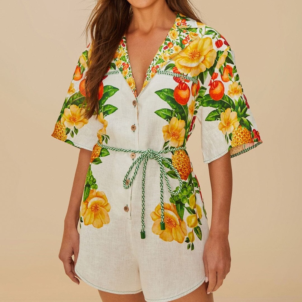 NWT FARM RIO Off-White Picnic Flowers Euroflax™ linen Premium Linen Romper